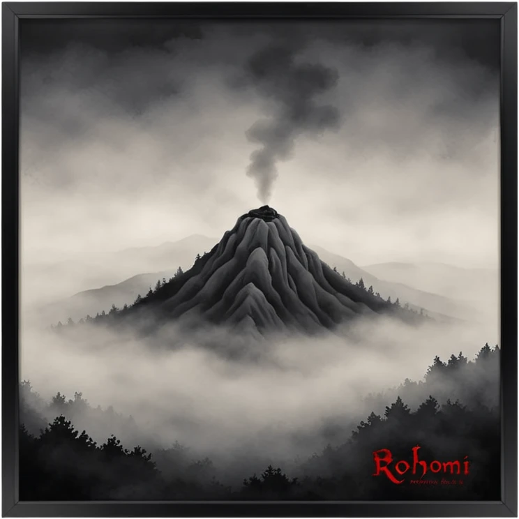 Dark horror wallpaper, 1080x2400, smoky grey charcoal background, subtle eerie light, misty fog, floating dust ("dhoasha dhoasha"), centered distressed text "ROJONI" with faint red smears and inner shadow, cinematic grain, spooky vibe --ar 9:20 --v 5 emoji