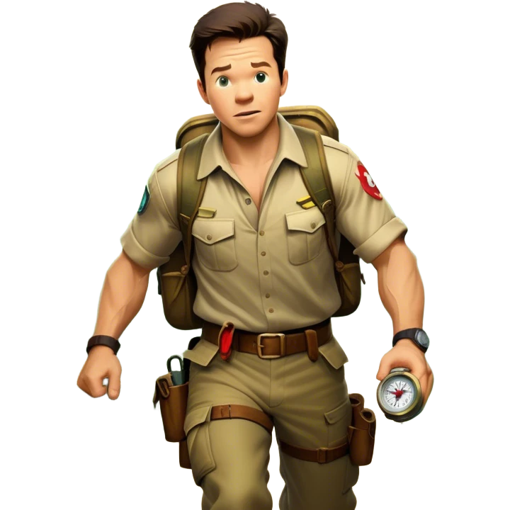 A vintage movie poster-style collage. Include action-packed elements like a treasure map, jungle scenes, a rugged explorer with a compass, and a speeding jeep. Add a shadowy figure resembling Mark Wahlberg in adventurous gear. Dramatic lighting, dynamic composition. Transparent background. emoji