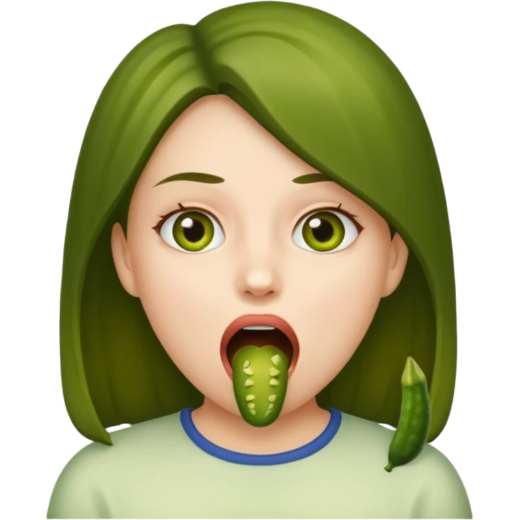 A girl opening her mouth insanely wide with a pickle inside her mouth  emoji