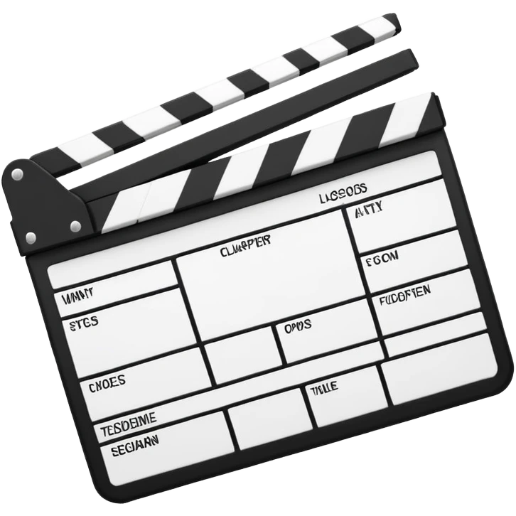 Simple black and white clapperboard with minimal stripes at the top, slightly open position, iOS emoji style emoji