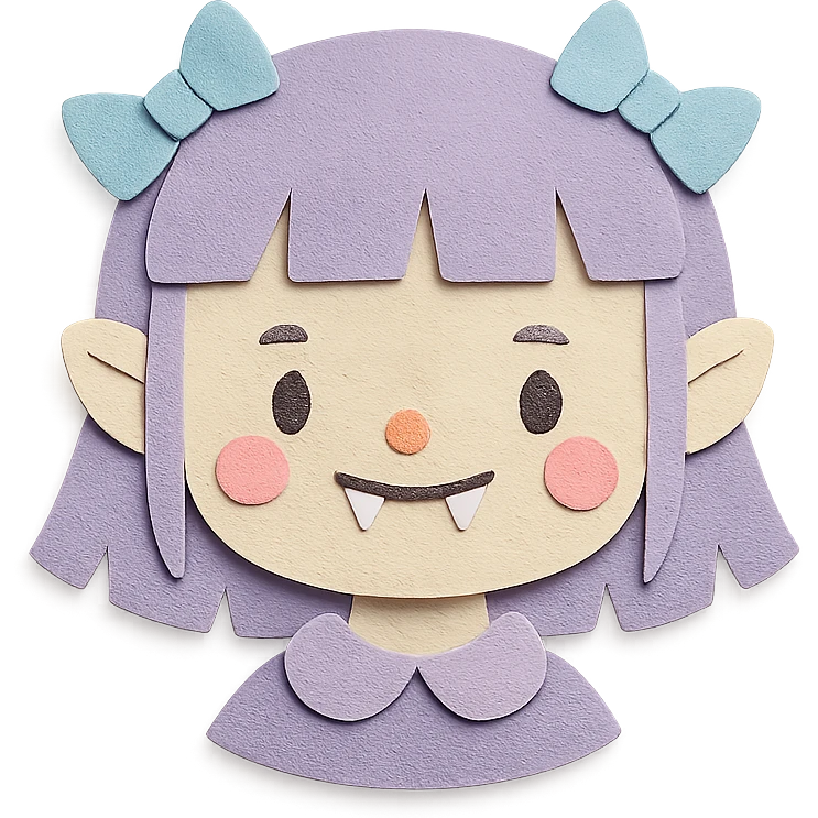 scary cute girl character, pastel colors, fangs, friendly expression emoji