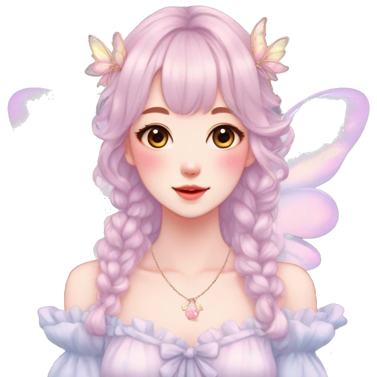 Gorgeous pastel anime style lady with blushing face and fairy wings necklace cottagecore fairycore pastelcore colorful pearly romantic simplistic aesthetic trending style emoji