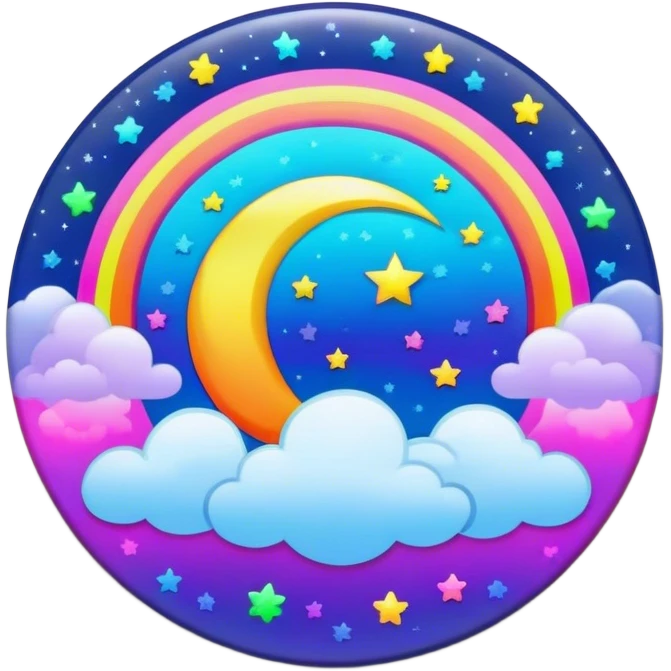 Beveled button with Neon rainbow colored damask style full moon with stars and clouds in the center emoji