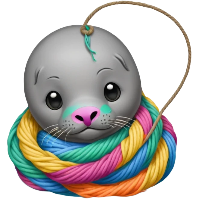 Realistic Seal (That you see his hole body) Stauck with his head in a fishing yarn in the ocean, with much colourful plastic floating around it emoji