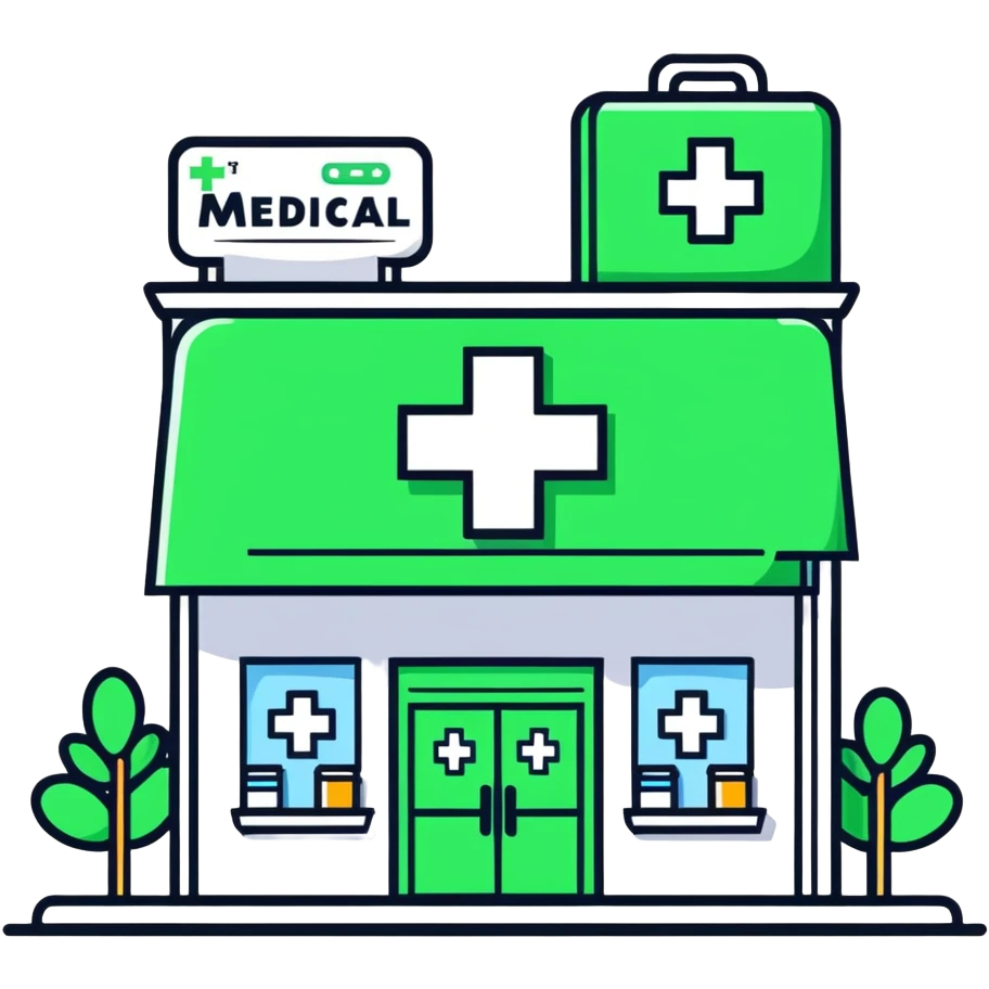 Pharmacy storefront, green medical cross sign emoji