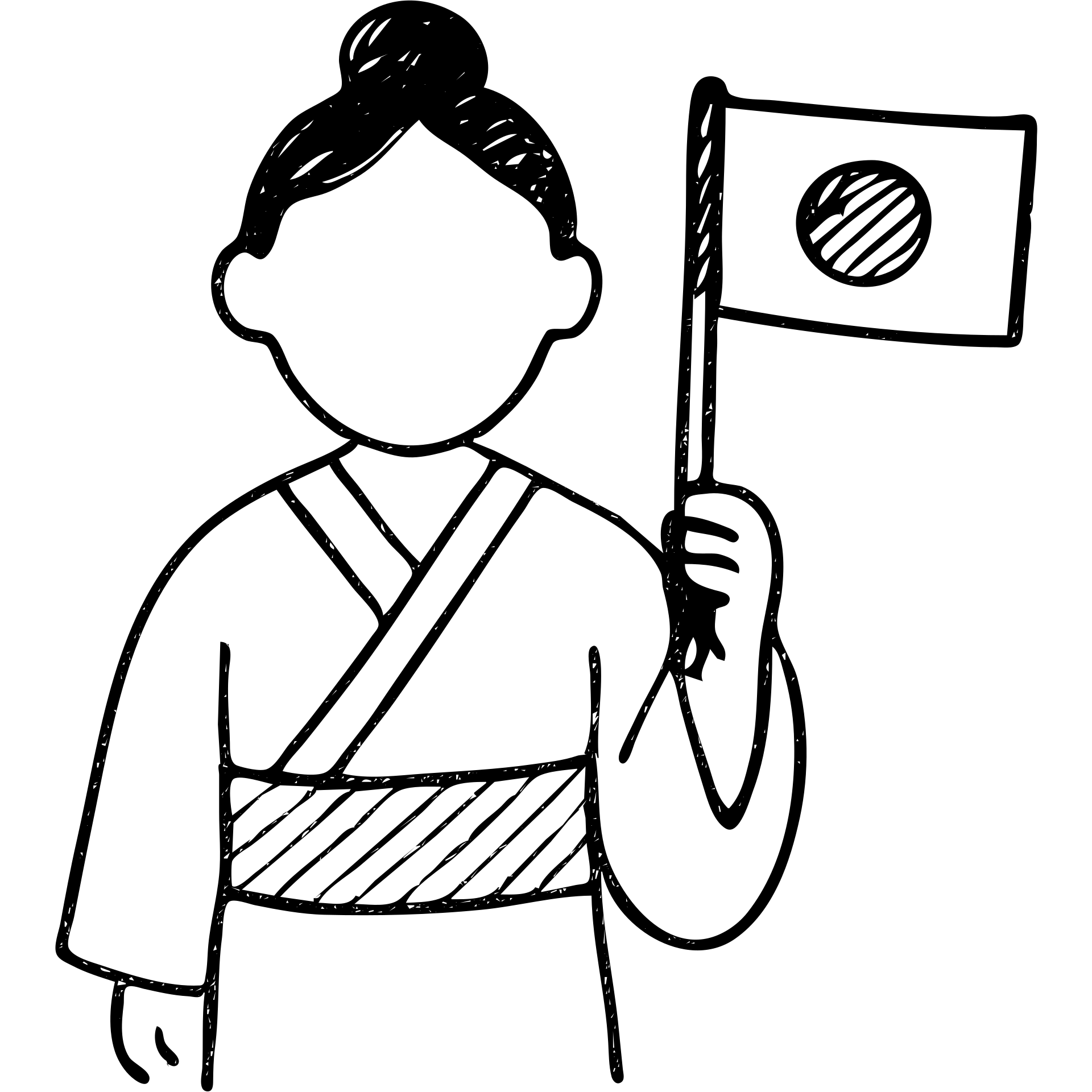 person in a traditional kimono holding the Japanese flag, hand drawn outlined icon emoji