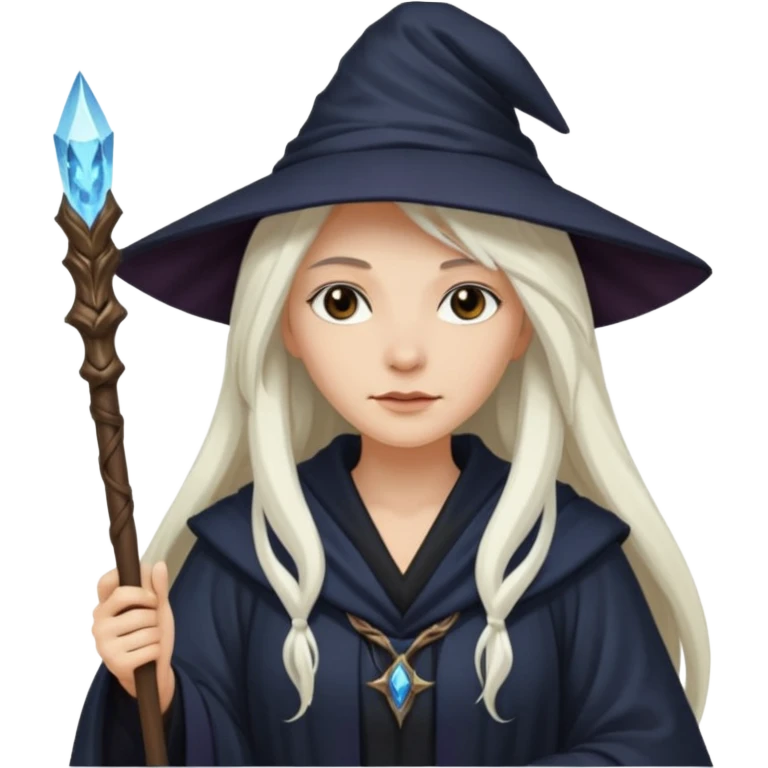 White Long Haired Women, Sorceress with staff — flowing white hair, calm face. emoji