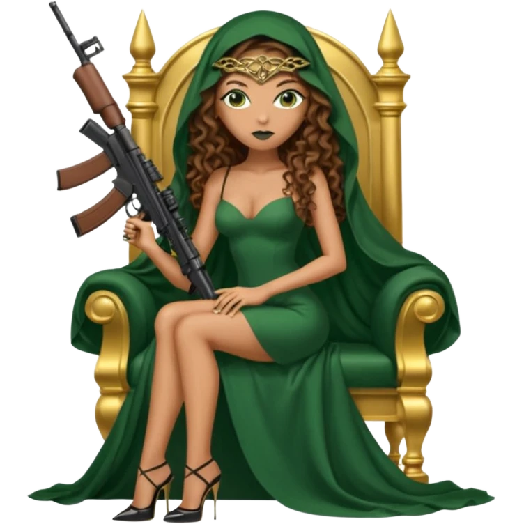 Drug dealer female green eyes symbol.  hair is brown curly long hair. sexy long with long dress and face veil on that covers her mouth only. black stiletto platform high heels shoes on. Holding sniper rifle sitting on a gold throne. emoji