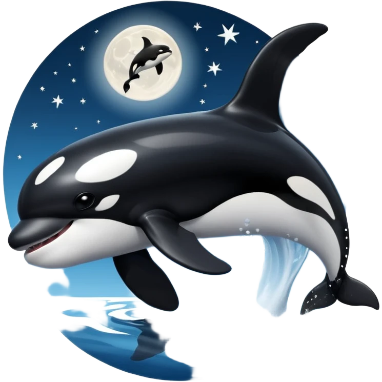 I want a realistic emoji of an orca whale leaping from the water with the moon illuminating the sky and reflecting on the sea. emoji