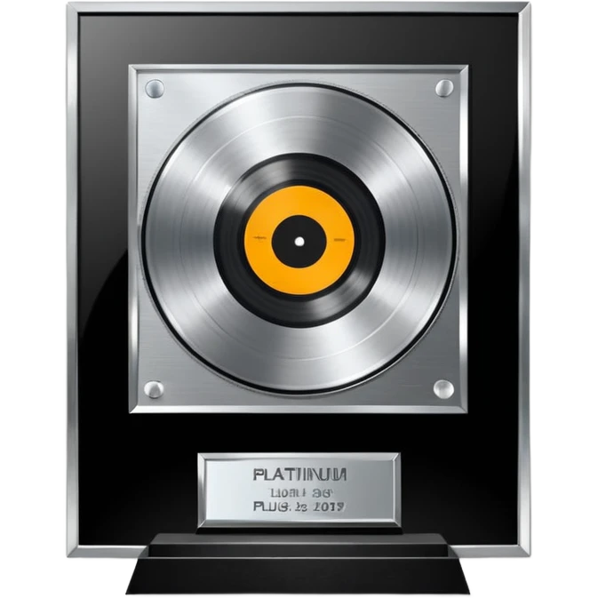 A platinum music award plaque: a square, polished platinum plate with a subtly textured, mirror-like finish, mounted on a simple dark metal base. The center features a relief of a or stylized vinyl record in a slightly darker metallic tone.  emoji