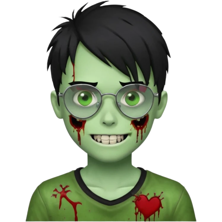 Zombie emo boy, green skin and black hair, chrome heart glasses and a scary smile, scars and blood under eyes emoji