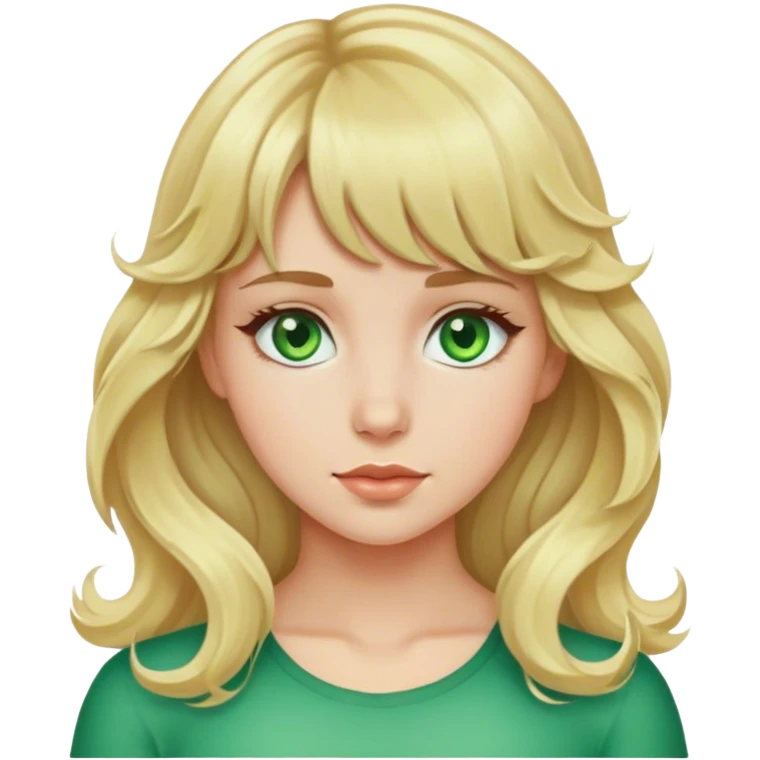 create a blonde wavy hair girl with green eyes, bangs  emoji