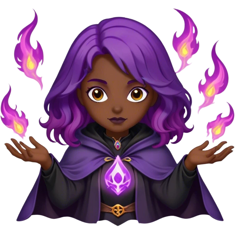 A dark sorceress with wavy purple hair, wearing a black cloak, summoning violet flames emoji