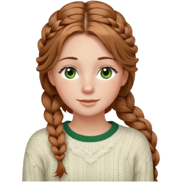 light brown hair hazel/green eyes woman with a white cable knit sweater and one braid down her back  with tendrils of hair flowing down her face and she is happy pale, some freckles, blush. she has a cateye wing and long lashes emoji
