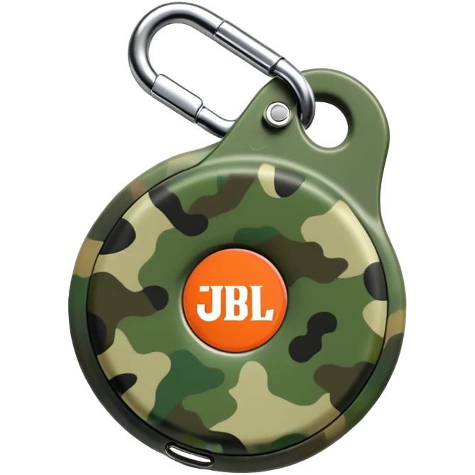 Ultra minimal JBL Clip 4, extremely simplified circular shape with tiny carabiner, just a few green camo spots, small JBL logo, iOS emoji style emoji