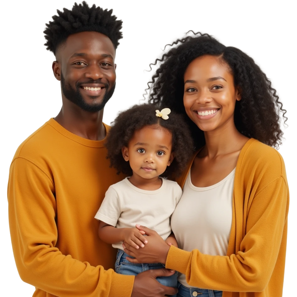 closeup front angle shot of a diverse family with two adults and a child, detailed lifelike textures, soft background, skeuomorphism style emoji