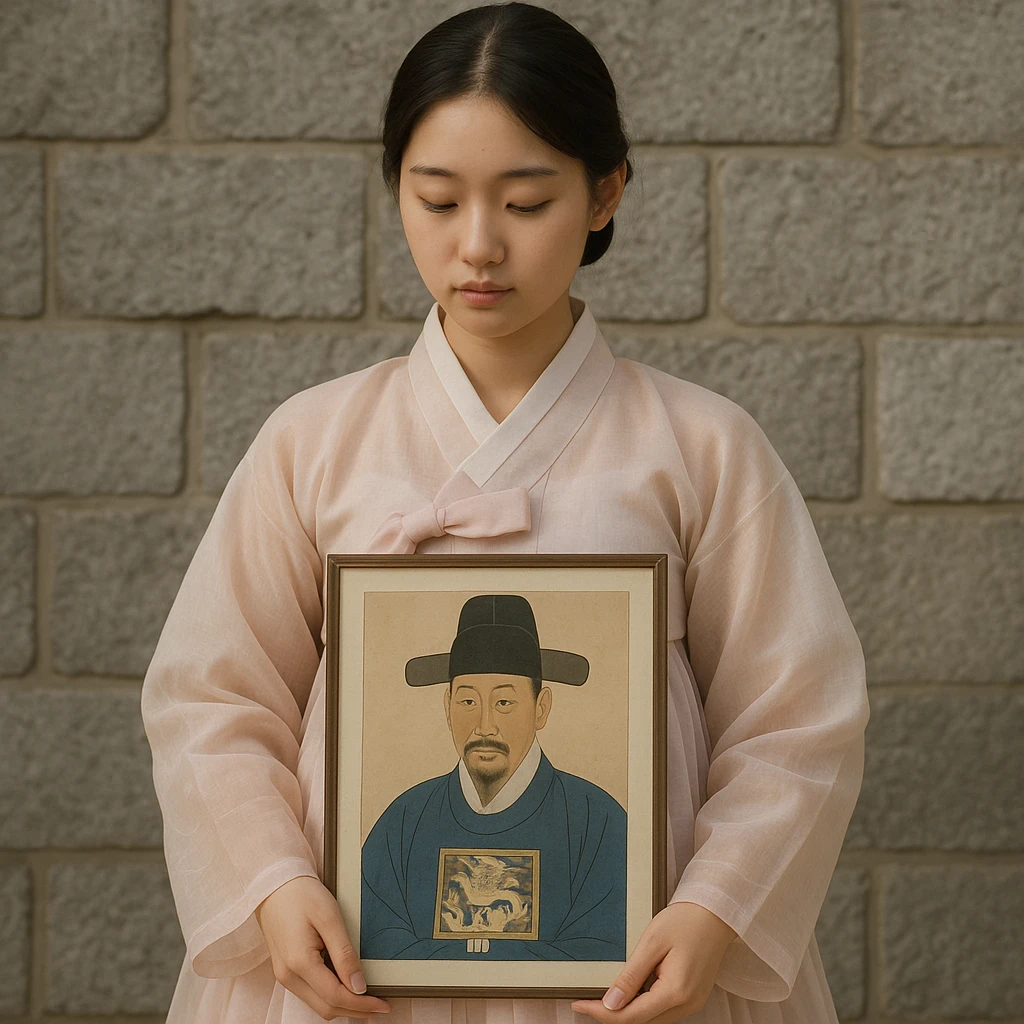 a young woman in a pale pink, sheer hanbok holding a traditional Korean portrait in front of a grey stone wall emoji