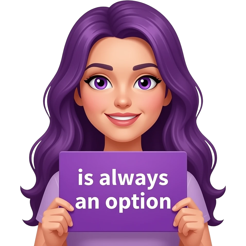 sexy girl with long purple hair and purple eyes holding a -PURPLE- is always an option sign emoji