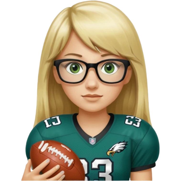 long blonde hair with bangs small black rectangle glasses female green eyes football player wearing eagles jersey number 33 holding football emoji