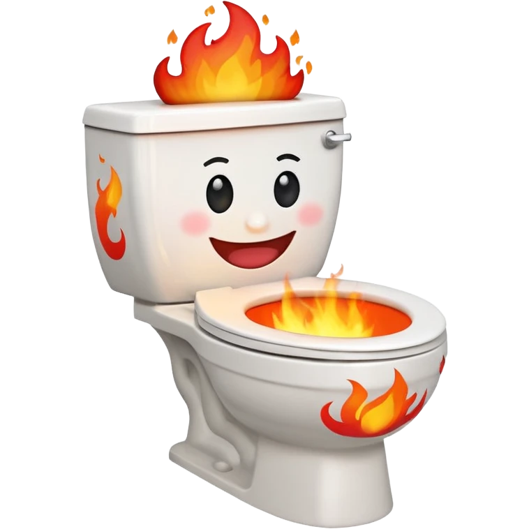 A smiling, happy white-colored toilet with fire coming from its bowl emoji