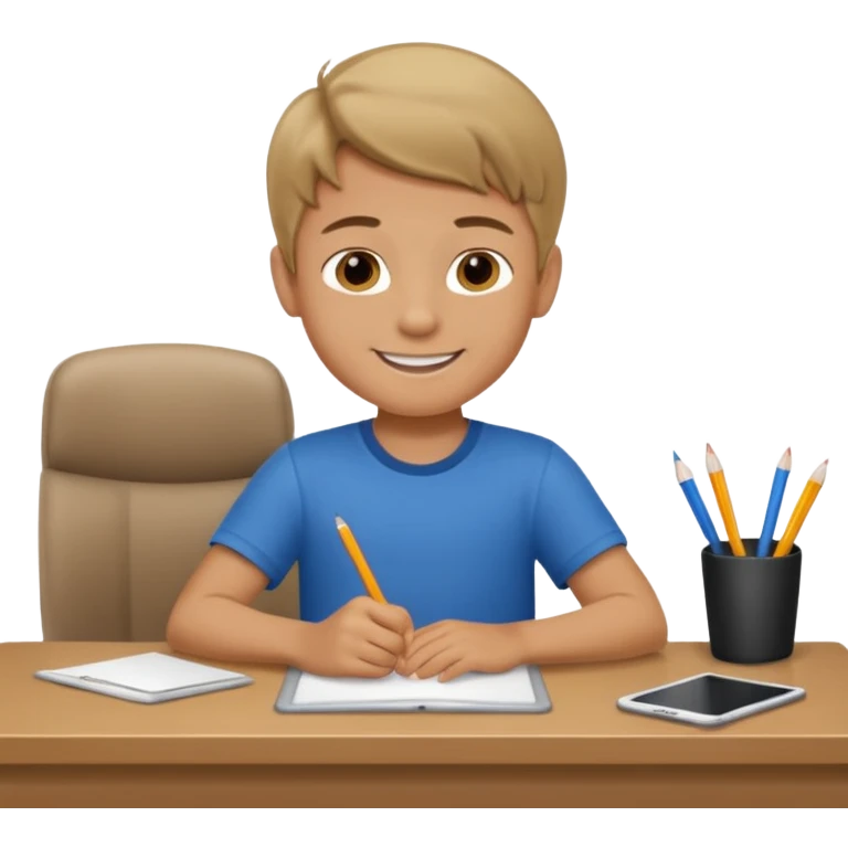 Little nice boy straight a student dark blonde hair tan skin sitting in desk with a really big smile emoji