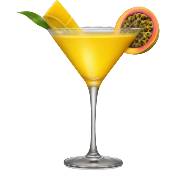 A yellow cocktail in a rounded martini glass with a passion fruit garnish emoji