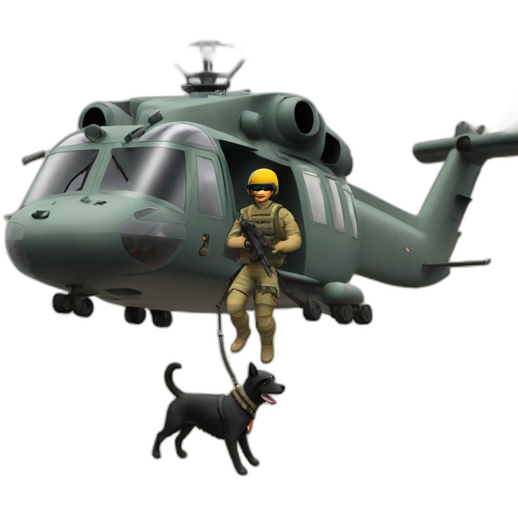 A special forces man gets out of a helicopter with his dog emoji