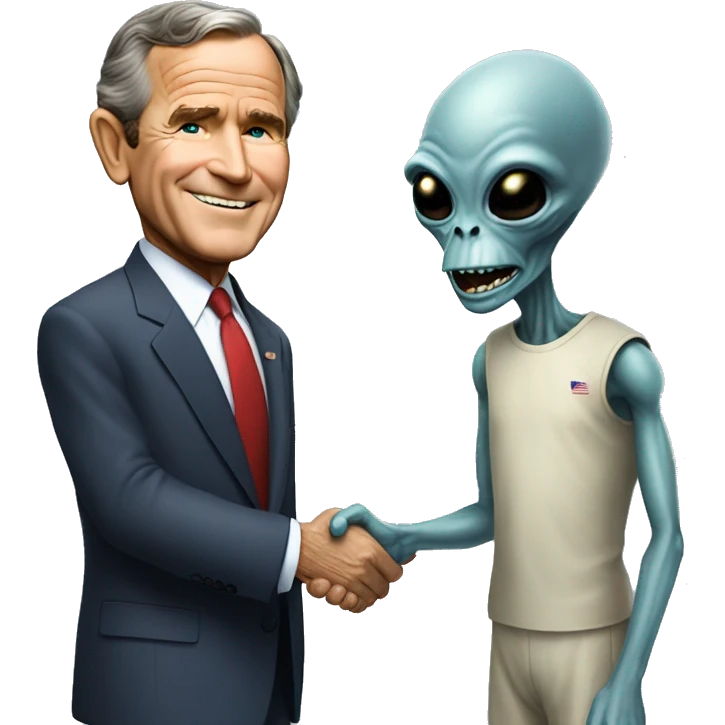 George Bush shakes hands with a grey Alien emoji