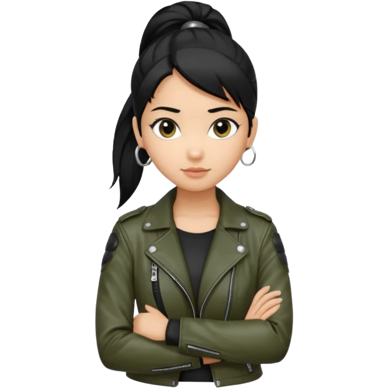A girl with a pony tail black hair and olive ish skin, Asian eyes, with a black jacket and a black purse with arms crossed  emoji