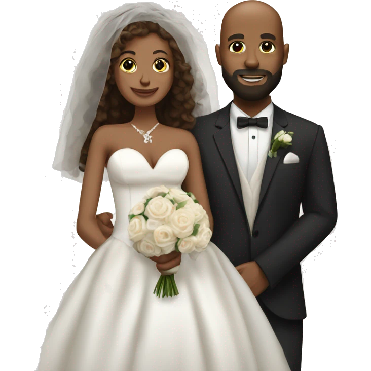 Black bald man with a beard and his wife with long, brown, curly hair on their wedding day emoji
