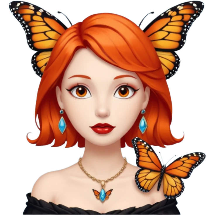 A siren with dark orange hair, red lips, dark eyes, nice eyelashes, ear piercings, a necklace and a Monarch butterfly on her shoulder emoji