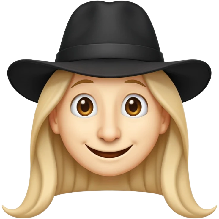 emoji character with long nose, long hair, black hat, happy facial expression emoji