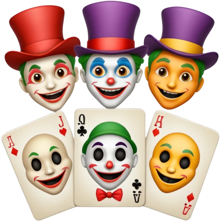 3 poker cards, with crazy colorful human jolly jokers inside, face only emoji