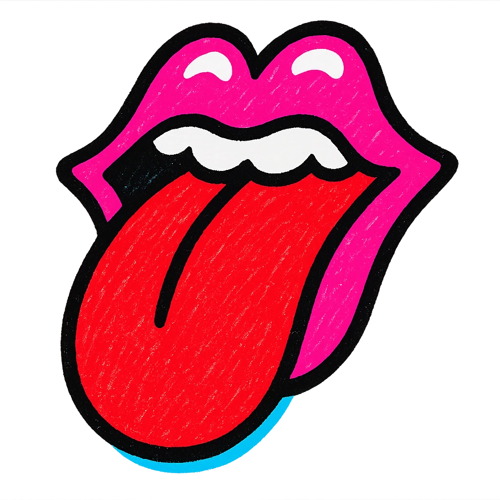 Rolling Stones tongue logo, bold red tongue, white teeth, iconic pop art style emoji