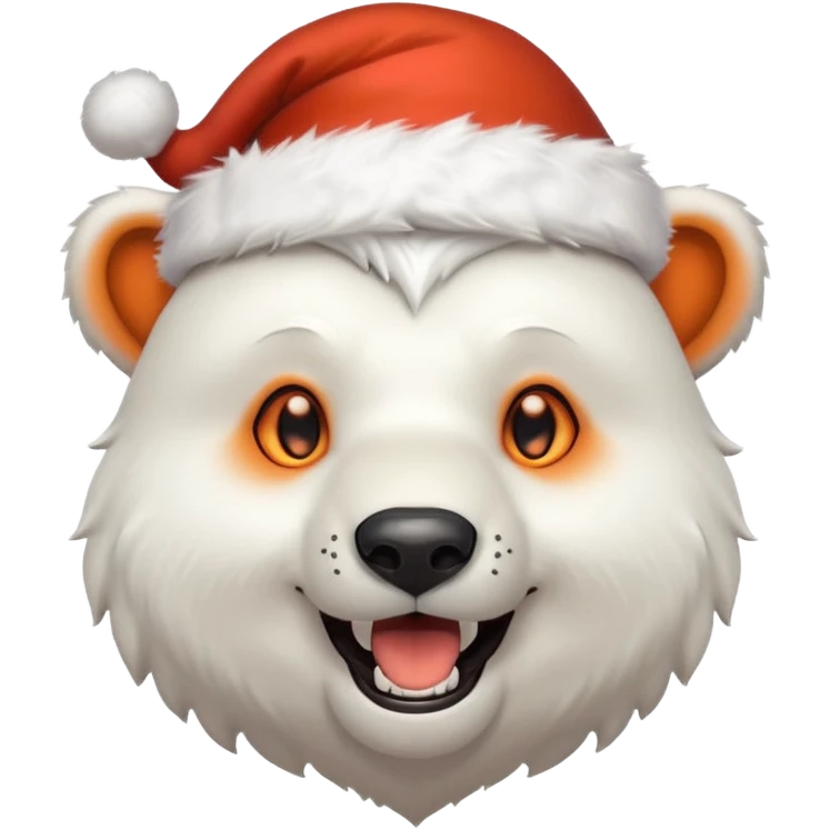 Polar bear and wolf hybrid with sabertooth fangs; light orange eyes; smiling; wearing a Santa hat  emoji