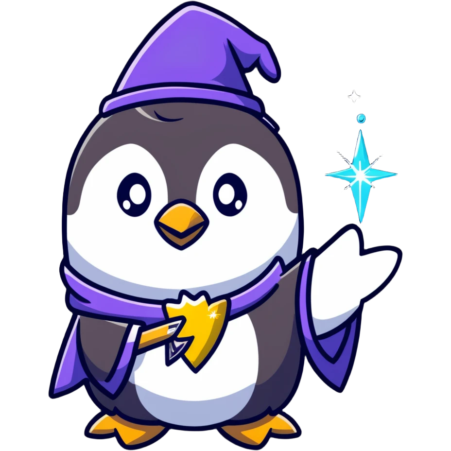 cute penguin wizard casting a spell with sparkles emoji