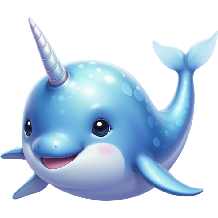 Cinematic Cute Cute Narwhal Portrait Emoji, Head tilted playfully and inquisitively, featuring a charming, sleek body with softly iridescent skin, a prominently spiraled tusk and large, twinkling eyes full of gentle wonder, Simplified yet irresistibly adorable features, highly detailed, glowing with a warm, inviting ocean glow, high shine, affectionate and lively, stylized with a touch of magical sea whimsy, soft glowing outline, capturing the essence of a mischievous yet endearing cute narwhal that seems as if it could frolic out of the screen into your heart! emoji