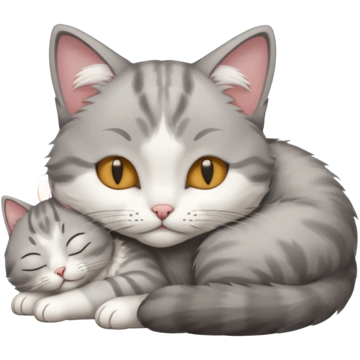 grey and white small cat with its eyes closed lying down with his head leaning on his paw emoji