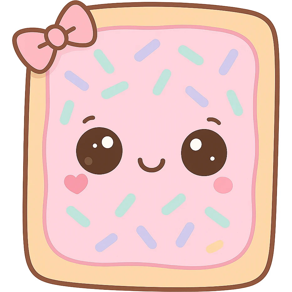 Make the chibi poptart even cuter by adding bigger sparkling eyes, a tiny heart on the cheek, a small bow on one corner, and a more playful smile. Keep the transparent background. emoji
