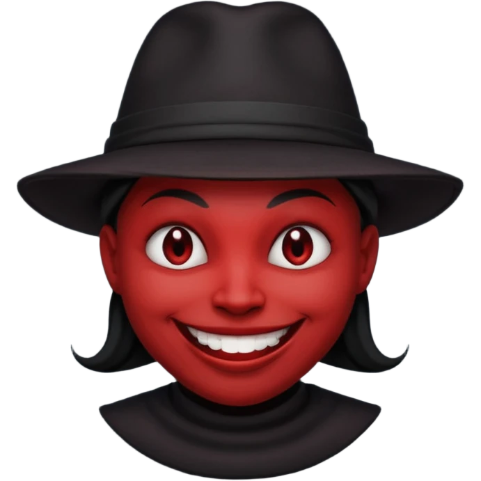 Evil face, smiling, dark red, grin, round face shape, dark style, black hat emoji