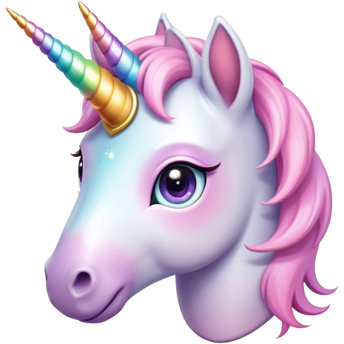 Cinematic Cute Unicorn Pony Portrait Emoji, Head tilted playfully and inquisitively, featuring a charming, diminutive form with a gentle pastel color, a delicate, sparkling horn and large, dreamy eyes full of wonder, Simplified yet irresistibly adorable features, highly detailed, glowing with a warm, magical glow, high shine, affectionate and lively, stylized with a touch of whimsical charm, soft glowing outline, capturing the essence of a mischievous yet endearing unicorn pony that seems as if it could prance out of the screen into your arms! emoji
