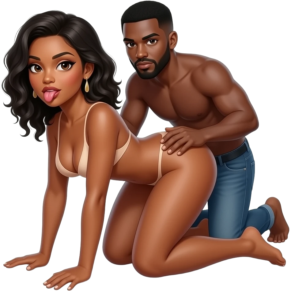 Afroamericana mujer desnuda, posición frontal, hombre negro desnudo follandose la mujer, mirada sexy de la mujer, saca la lengua, de rodillas en el suelo, forma de cuatro patas, culo levantado hacia atrás, culo más alto que la cabeza, culo enorme, con los brazos estirados hacia delante emoji