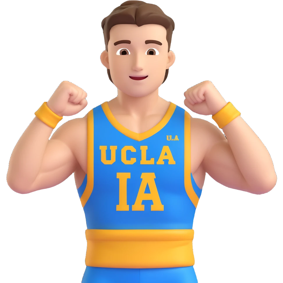realistic 3D icon of a handsome, muscular male American football fan student cheering for UCLA, wearing blue and gold colors, transparent background emoji