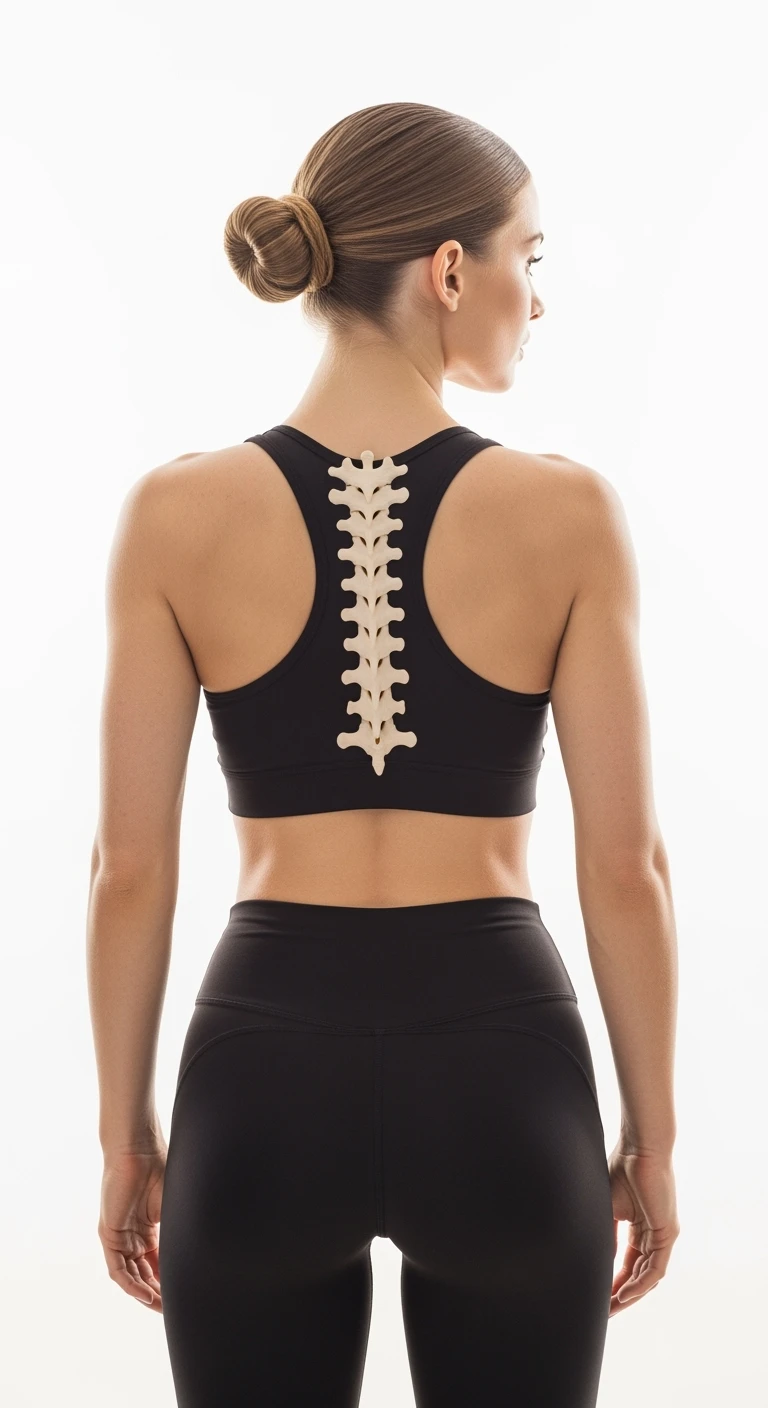 donna fitness di spalle con spina dorsale anatomica in evidenza, sfondo bianco emoji