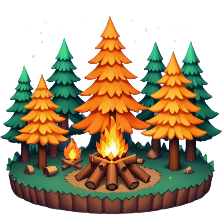 pixel art of a forest at night, with a campfire in the center. there are tall and short trees. emoji