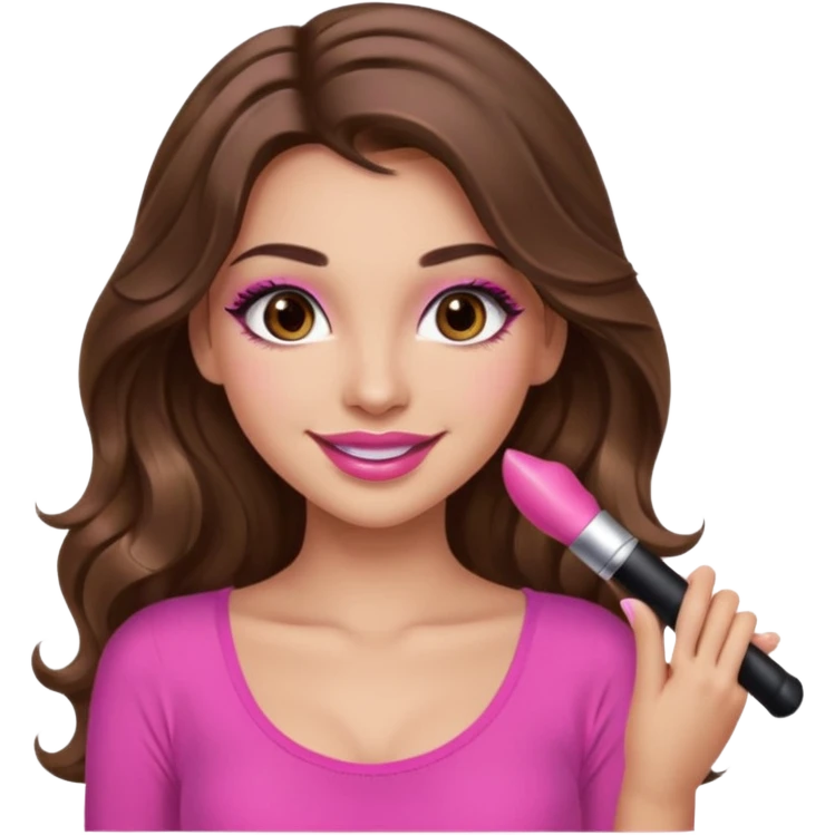 girl with long wavy brown hair, brown eyes, long lashes makeup, sexy pink lips, light to medium complexion, wearing a pink sexy top, smiling emoji