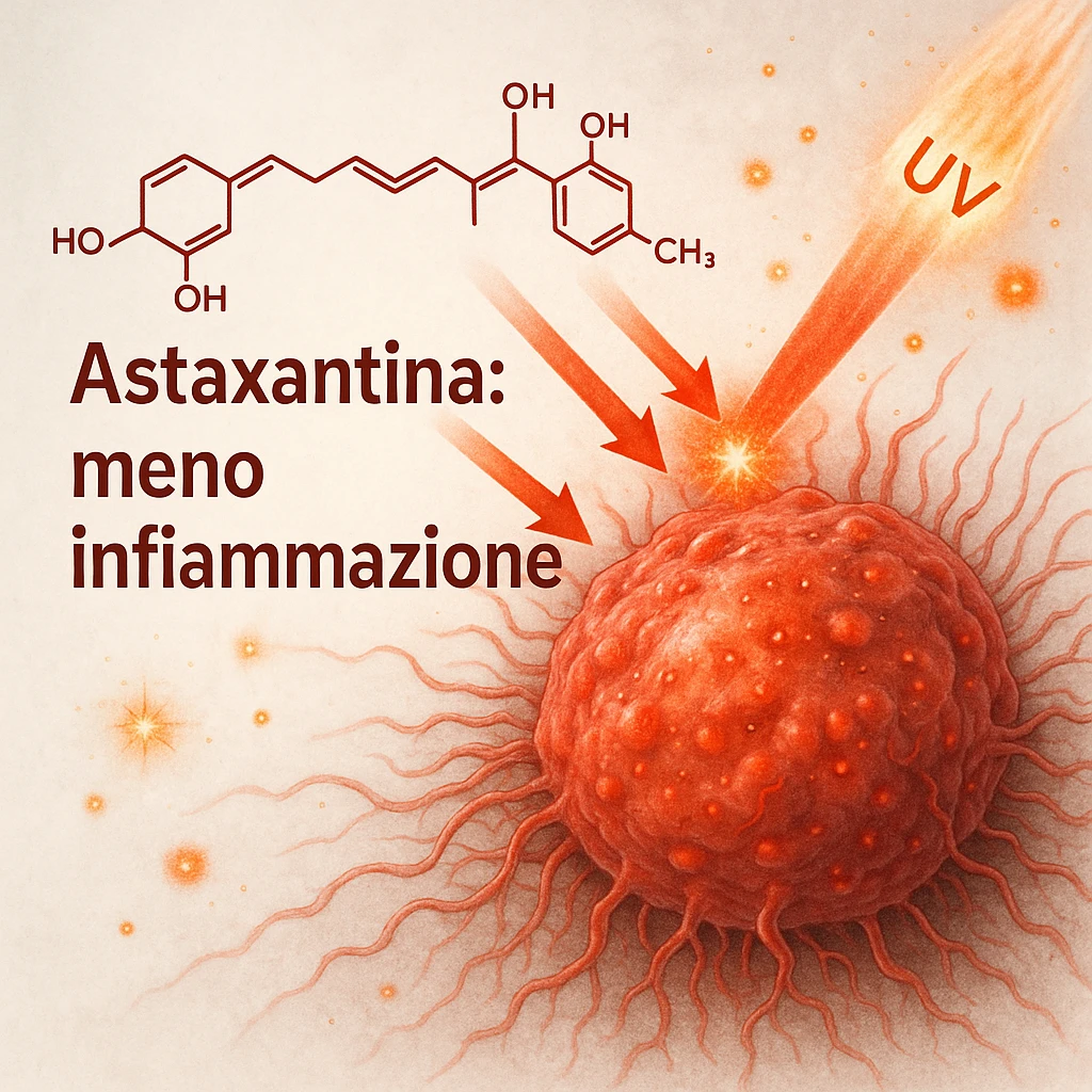 hyper realistic red astaxanthin molecule reducing inflammation, oxidative stress and UV damage, protecting inflamed cells, scientific atmosphere, light background, Italian text 'Astaxantina: meno infiammazione' emoji