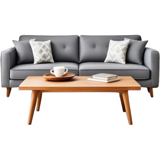 A stylish living room with sofa, coffee table, and decorative items emoji