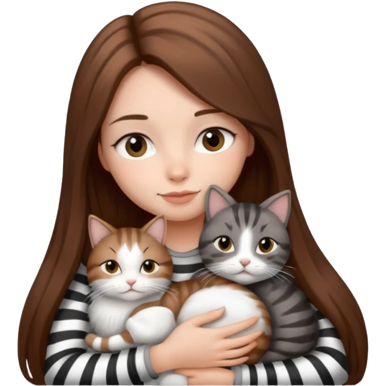 pretty girl with long brown hair snuggling 3 cats: grey and white, brown striped and black and white emoji