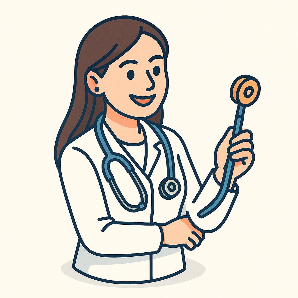 Edit the image of a female doctor with dark long straight hair and brown eyes, smiling, wearing a white medical coat in 2D isometric style with a minimalist background. Add a variation where she holds a medical instrument in her hand. emoji